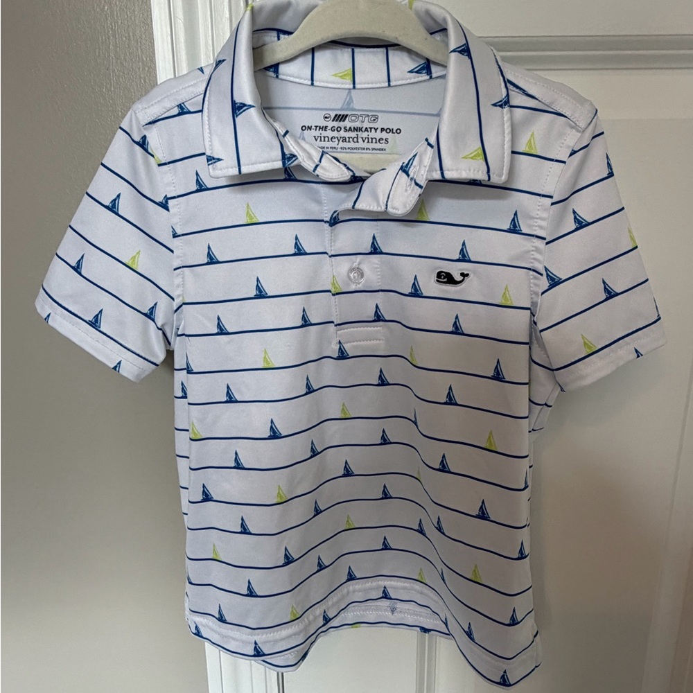 Vineyard Vines White Polo with Navy & Lime Sailboat Stripes
